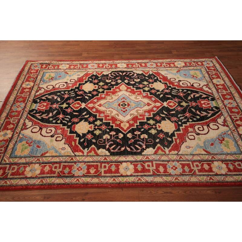 Black Vegetable Dye Heriz Oriental Rug Handmade Wool Carpet - 4'11" x 6'8"
