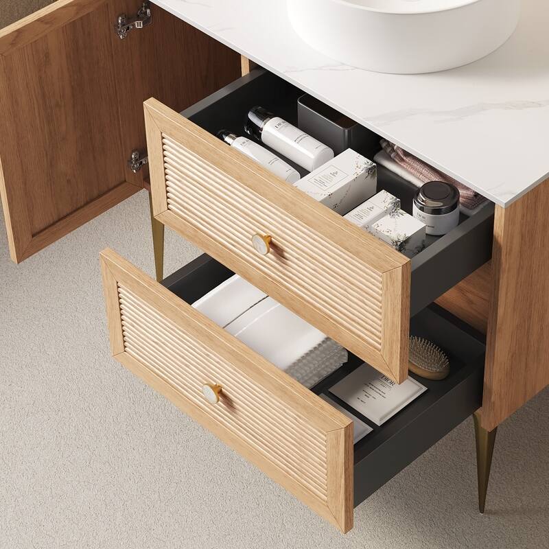 36" Freestanding Bathroom Cabinet with Carrara White Sintered Stone Counter Top, Two Drawers and One Door, NO Basin