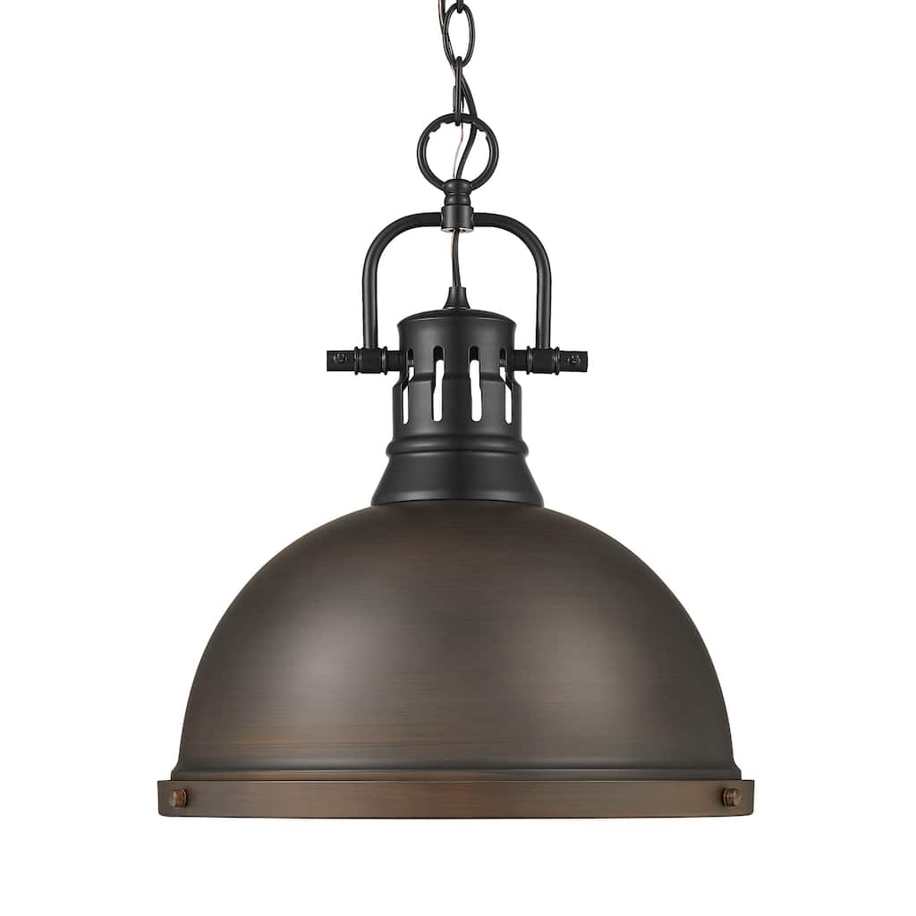 Yep by Golden Lighting Duncan 1-light 14in Chain Hung Pendant in Matte Black and Rubbed Bronze shade