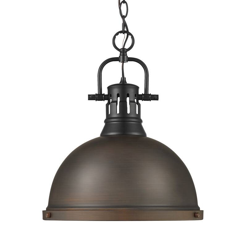 Yep by Golden Lighting Duncan 1-light 14in Chain Hung Pendant in Matte Black and Rubbed Bronze shade