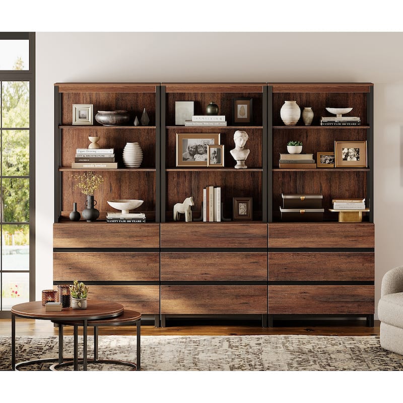 WAMPAT Modern 72" Tall Bookcase with Drawers and Open Book Shelfs, Library Book Shelf for Home Office, Living Room - Brown - 3 Piece