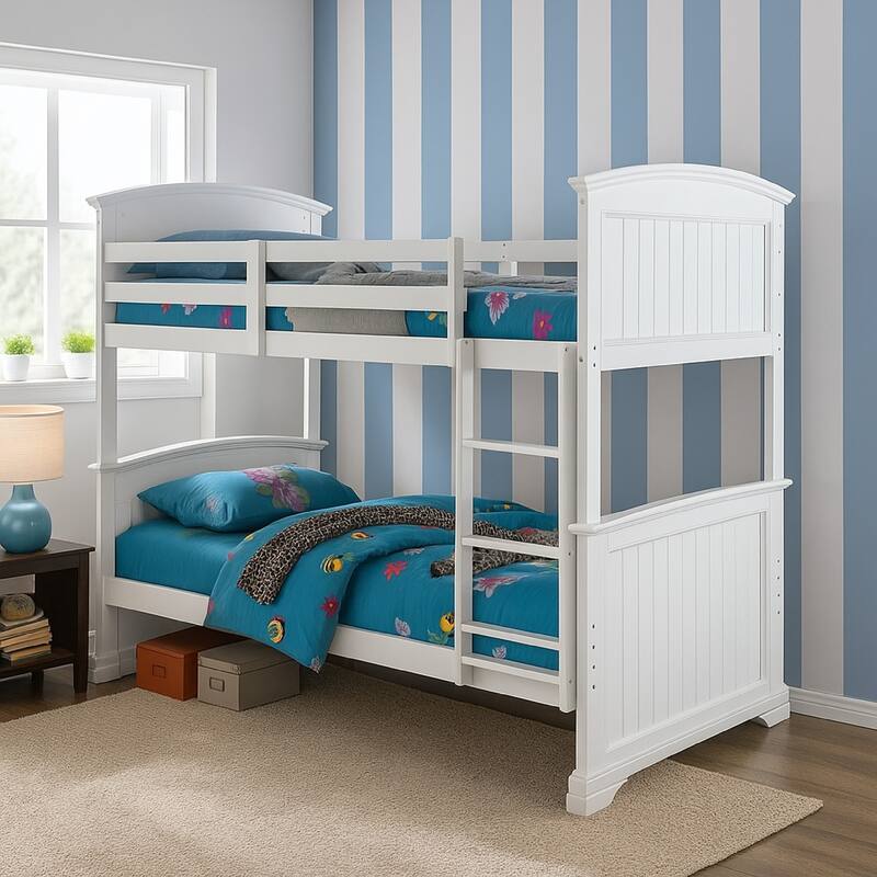 Rexo Twin over Full Bunk Bed with Ladder, Plank Style Headboard, White