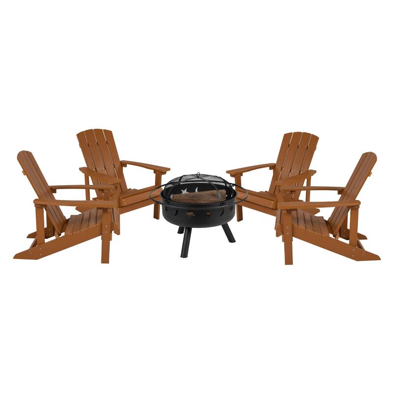 Star and Moon Fire Pit with Mesh Cover & 4 Poly Resin Adirondack Chairs