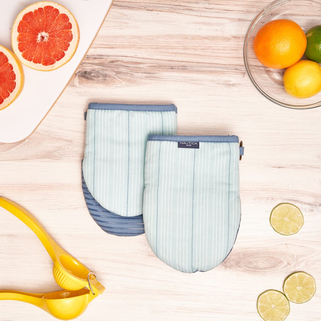 Nautica Home Aqua Striped 100% Cotton Mini Oven Mitt With Silicone Palm (Set of 2)