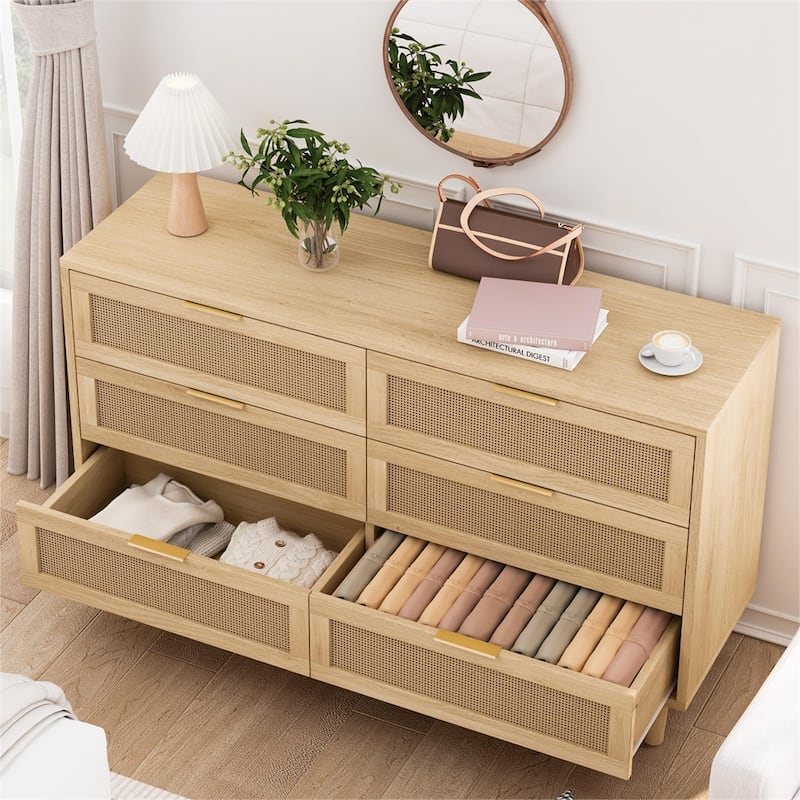 51" Rattan Storage Cabinet with 6 Drawers and Wood Legs