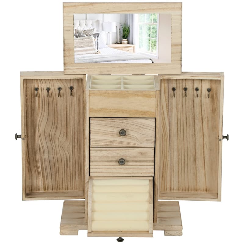 Multi-layered Wooden Jewelry Organizer with Mirror and 2 Drawers