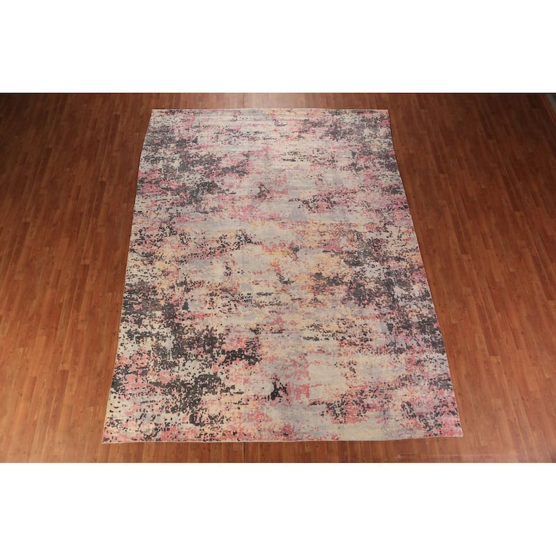 Modern Abstract Indian Rug Hand-Knotted Oriental Wool Carpet - 8'11"x 11'11"