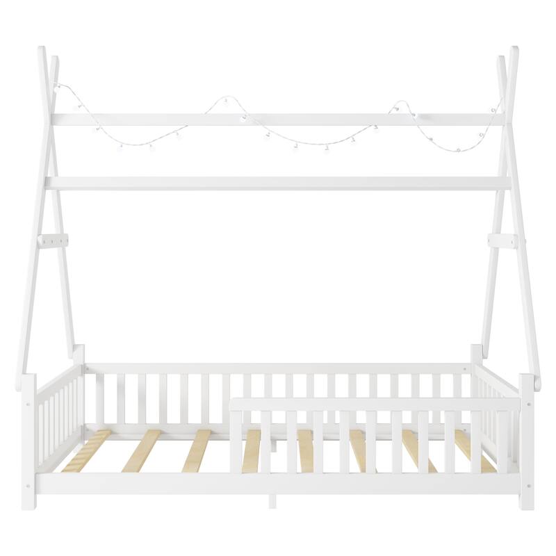 Twin House Bed with Light, Low Floor Design, Fence and Roof for Kids, White