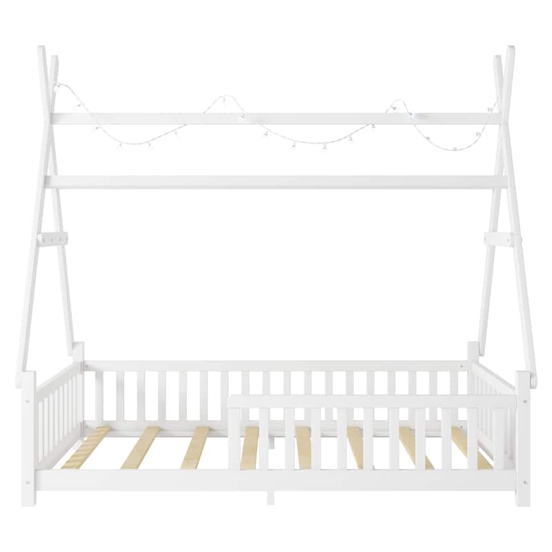 Twin House Bed with Light, Low Floor House Bed with Fence & Roof for Kids Boys Girls - White