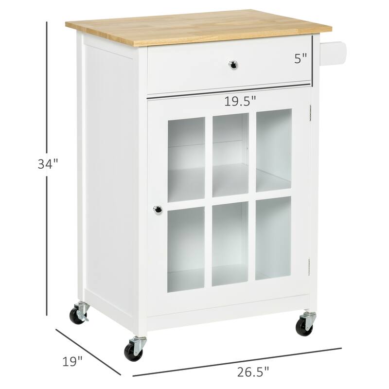 HOMCOM 27" Rolling Kitchen Island Cart with Drawer and Glass Door Cabinet, Kitchen Trolley with Adjustable Shelf and Towel Rack