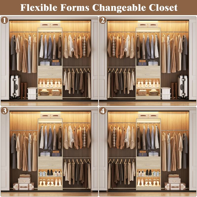 69-96" W Adjustable Closet System with 2 Wooden Drawers and 2 Hanging Rods,Closet Organizer with Shoe Rack for Walk-in/Reach-in