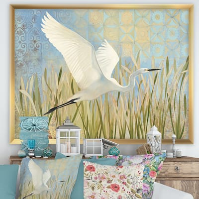 Designart "Snowy Egret in Flight vII" Farmhouse Framed Art Print