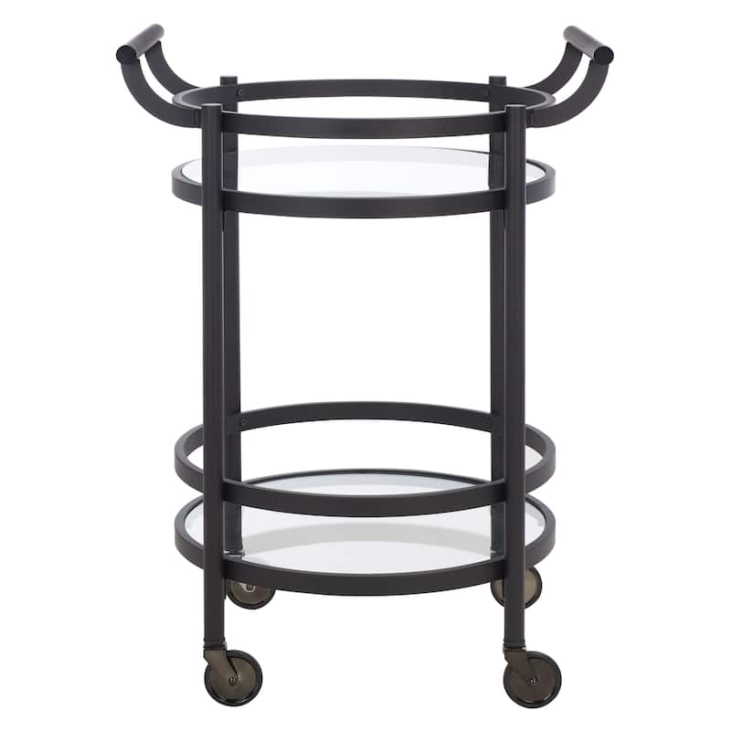 SAFAVIEH Sienna 2 Tier Round Bar Cart-Black Nickel / Glass. - 24" W x 20" D x 34" H