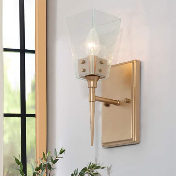 slide 2 of 18, Mirha Mid-Century Modern Industrial Dimmable Glass Wall Sconce Bathroom Vanity Lights Foyer Powder room Hallway Gold/ 1-light