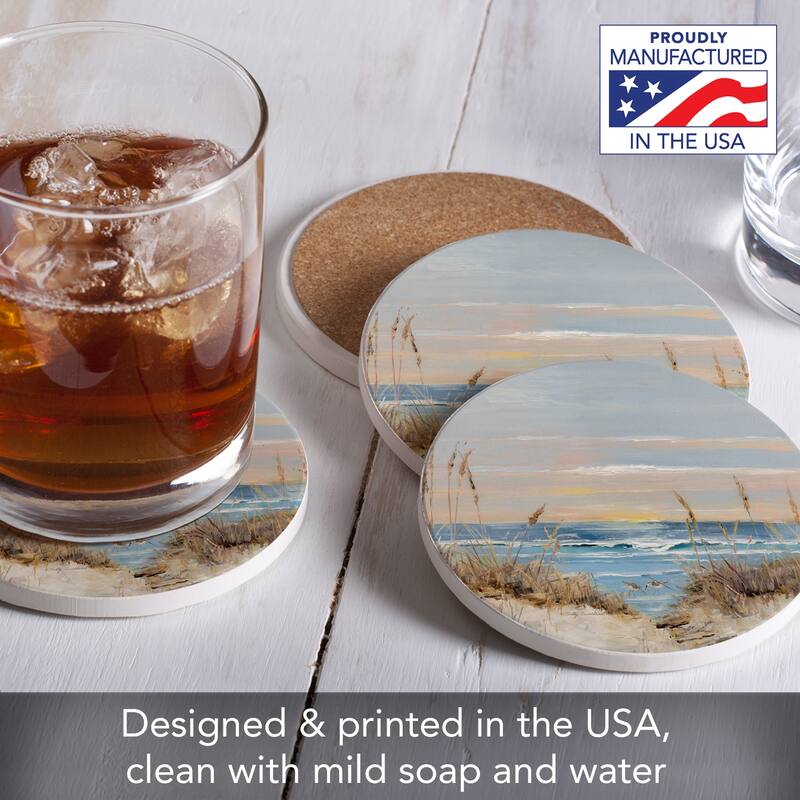 Shore Welcome 4 Pack Round Absorbent Stone Coasters with Protective Cork Backing Manufactured in The USA
