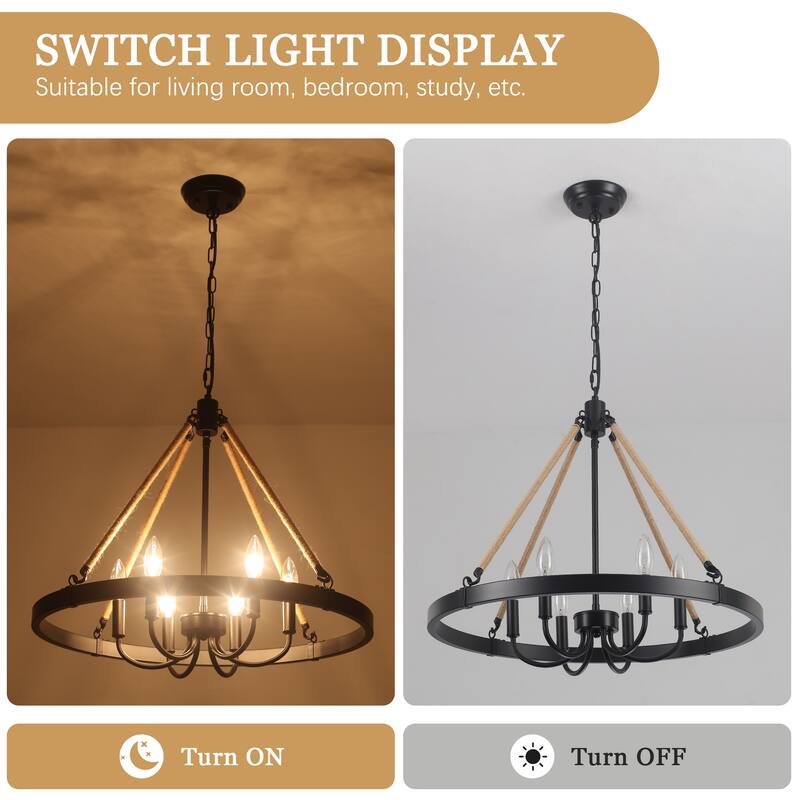 6 - Light Rustic Farmhouse Wagon Wheel Candle Style Chandelier for Living Room Bedroom Dinging Room