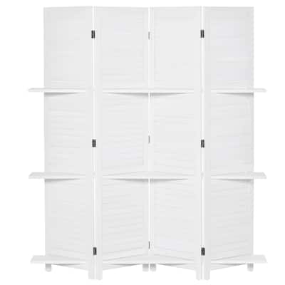 4 Panel 67" Tall Wood Privacy Screen Room Divider with 3 Display Shelves, and Folding Storage for Bedroom or Home Office, White
