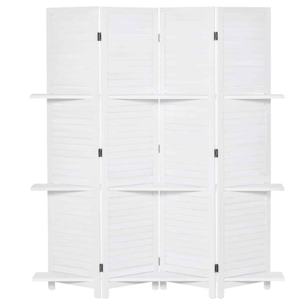 4 Panel 67" Tall Wood Privacy Screen Room Divider with 3 Display Shelves, and Folding Storage for Bedroom or Home Office, White