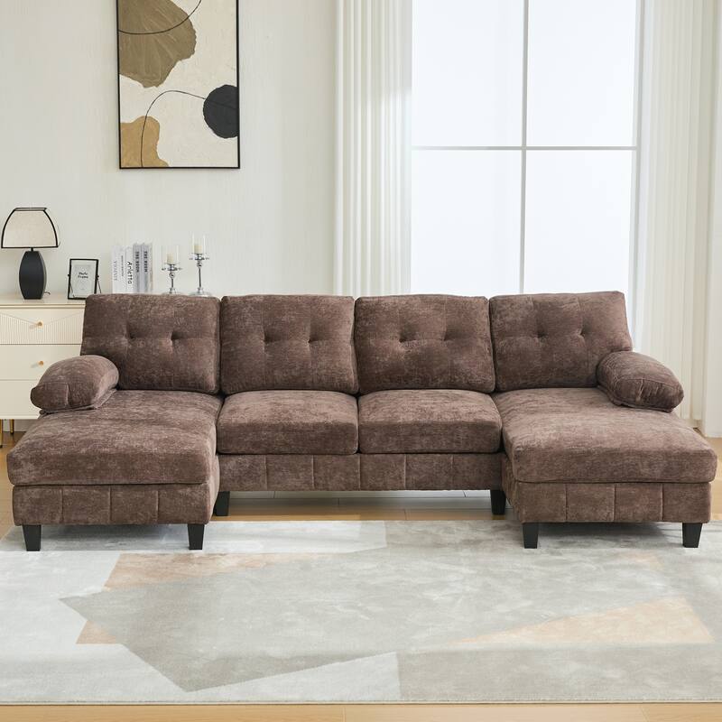 103.5" Chenille Fabric Couch U-Shaped Sectional Sofa with Dual Chaise Lounges, Storage Pockets and Armrest Pillows