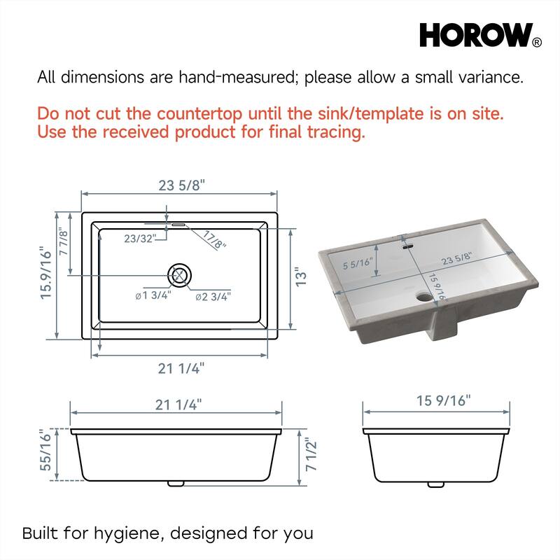 HOROW 23.63 in Rectangular Undermount Ceramic Bathroom Sink in White with Overflow Drain