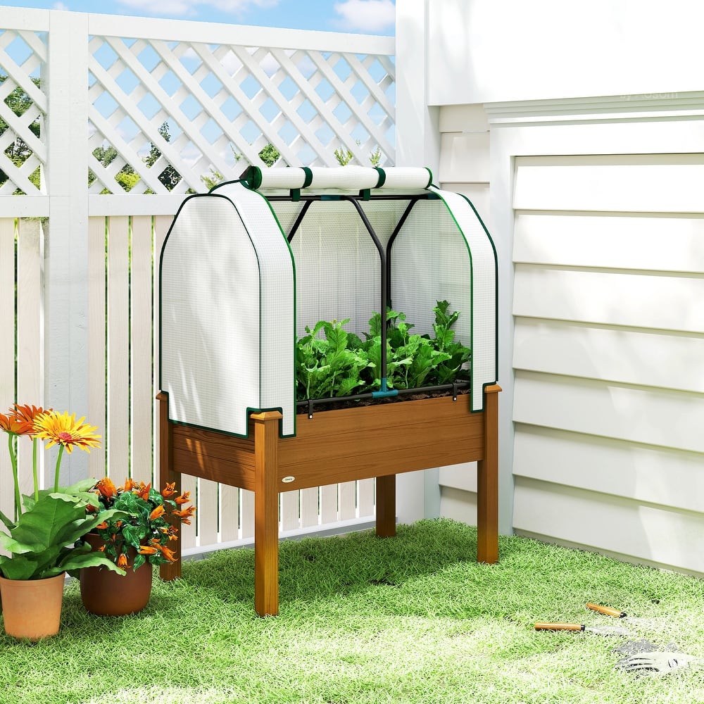 Outsunny Raised Garden Bed with PE Greenhouse Cover Outdoor Elevated Wood Planter Box , 35 x 22 x 47 inch