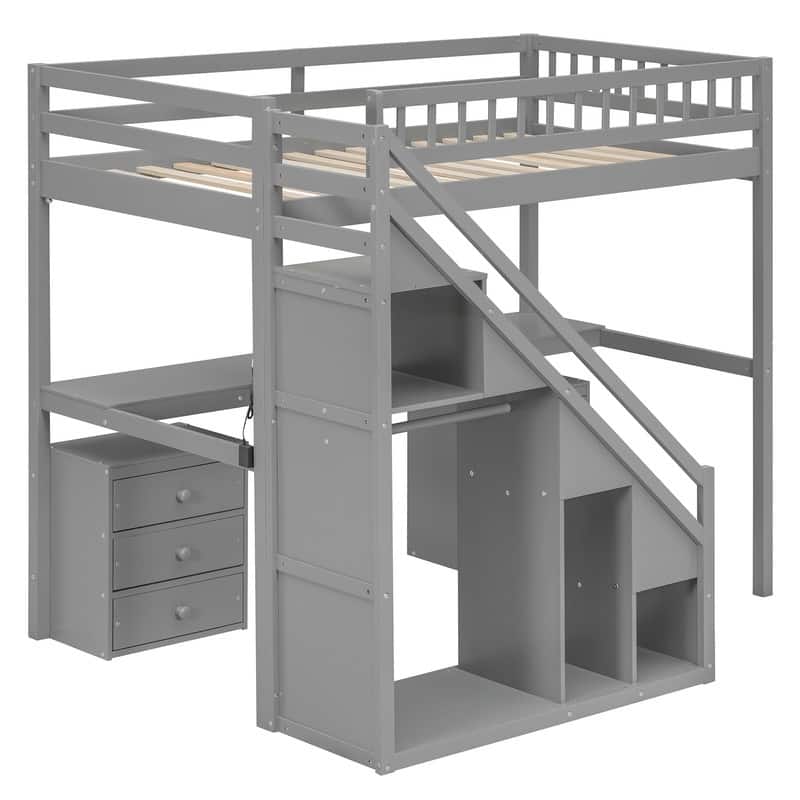 Twin/Full Size Loft Bed with Desk and Light Strip, Storage Bed Frame with Two Chest of Drawers & Clothes Hanging Rod