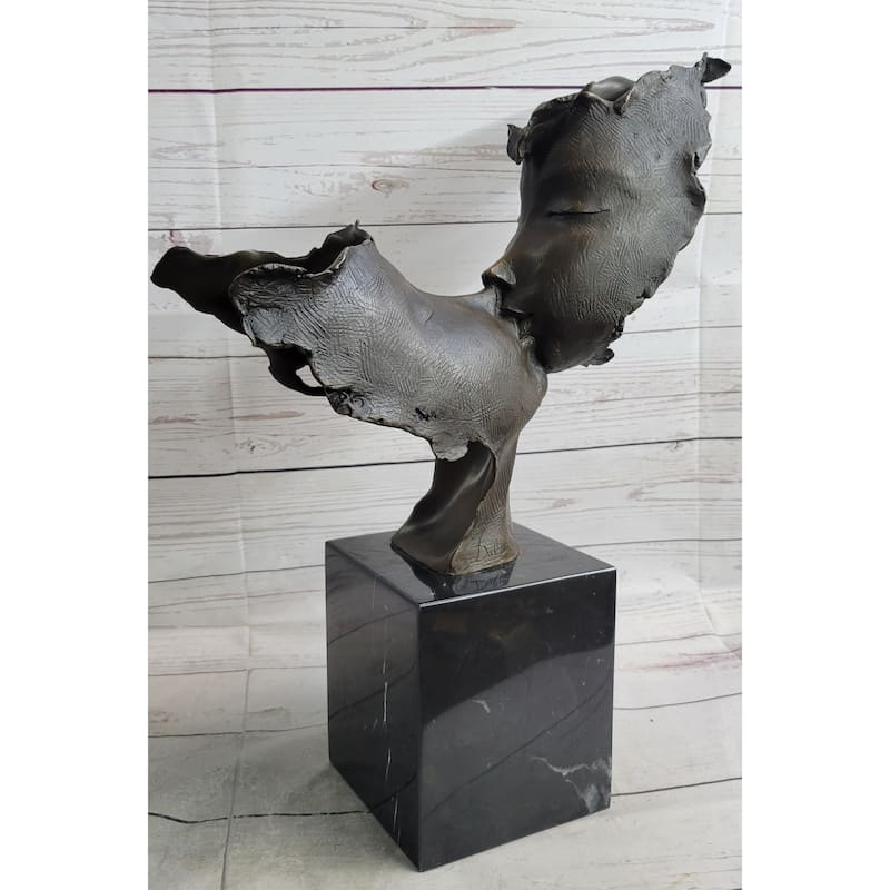 Lovers Romanic Kissing Faces Abstract Surrealist Bronze Sculpture Statue Salvador Dali On Marble Base
