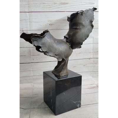 Lovers Romanic Kissing Faces Abstract Surrealist Bronze Sculpture Statue Salvador Dali On Marble Base