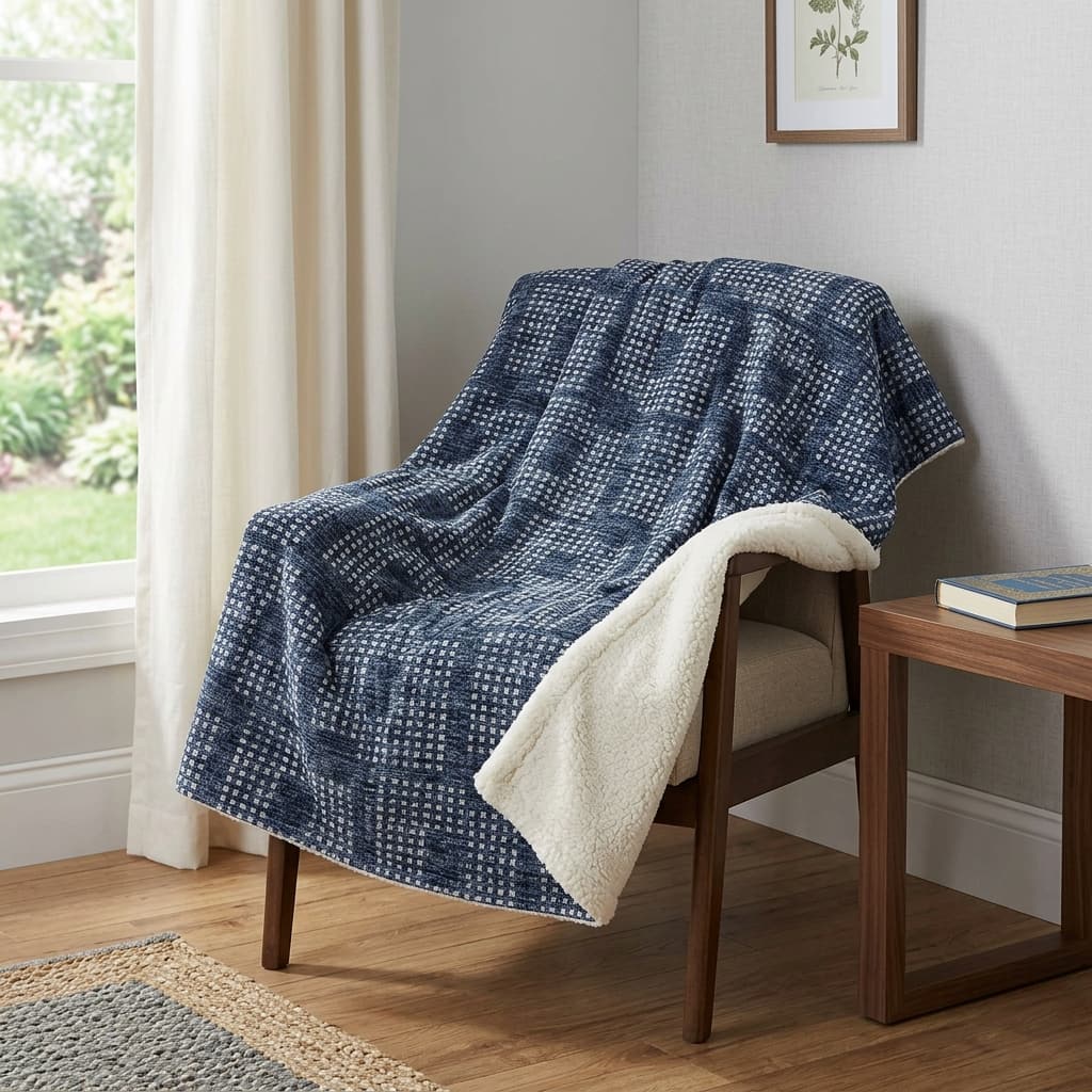 HomeRoots 50" X 70" Blue And Ivory Geometric Polyester Woven Plush Throw Blanket