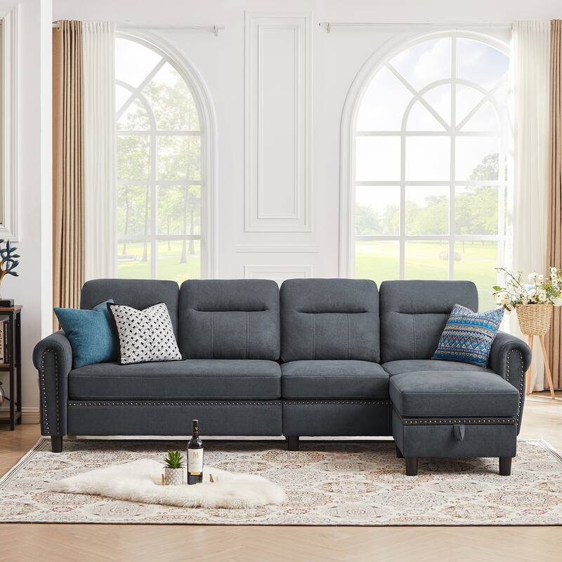4 Seater L Shaped Reversible Sectional Sofa with Storage Ottoman