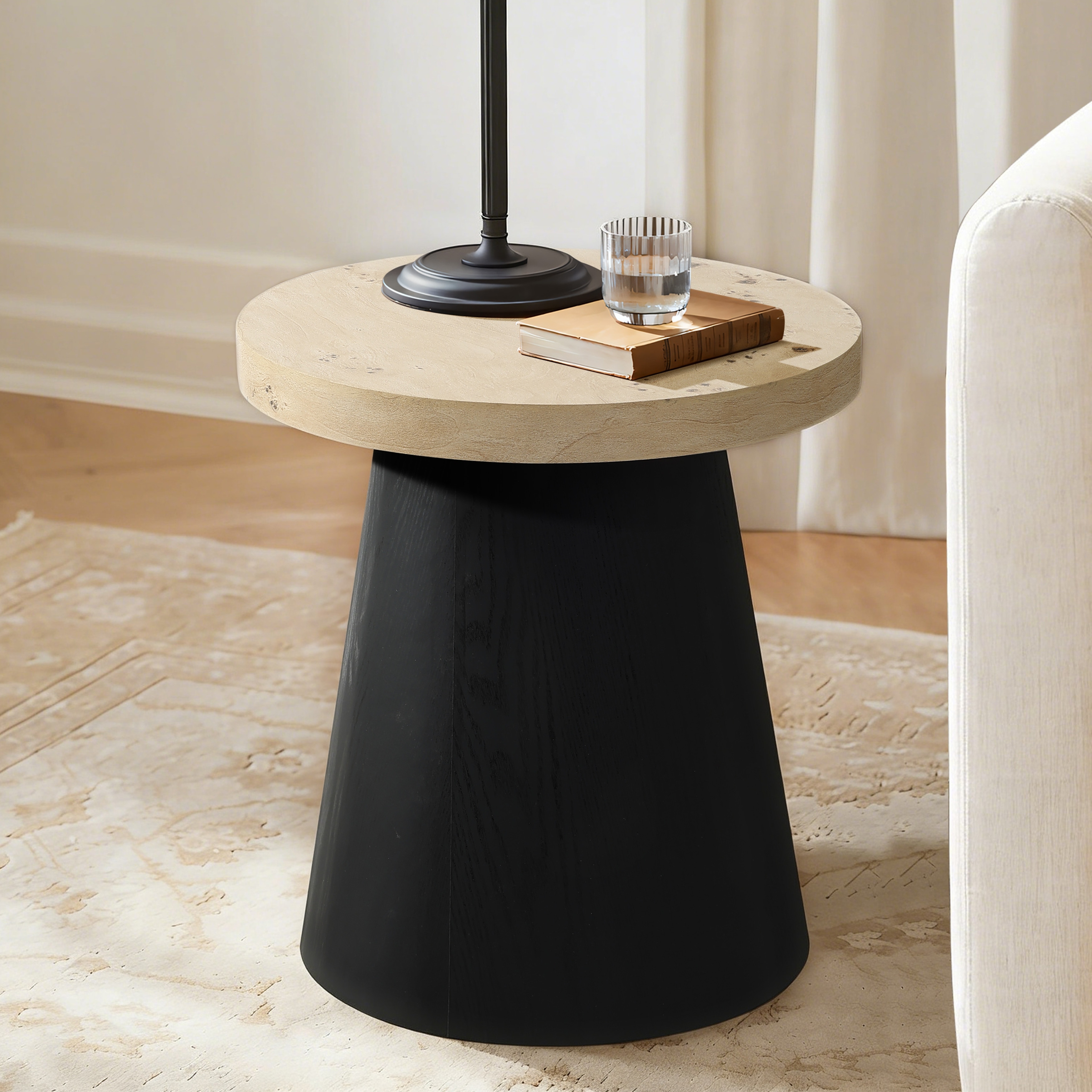 Light Wood Finish Top with Black Base Manufactured Wood Round Side Table - 18.9" H x 17.7" Diameter