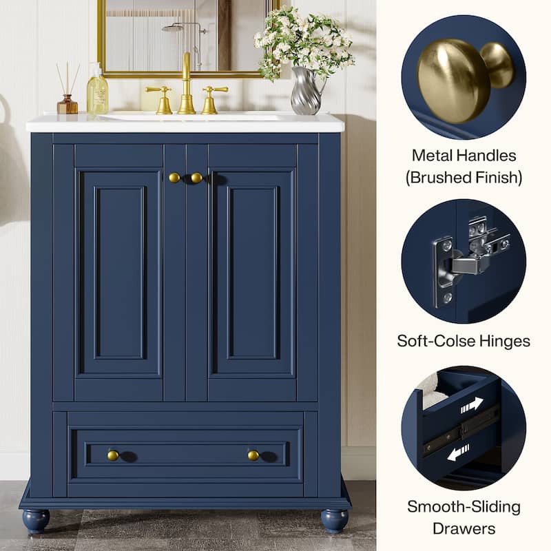 24'' Modern Freestanding Solid Wood Bathroom Vanity with Ceramic Sink, Adjustable Shelf Storage