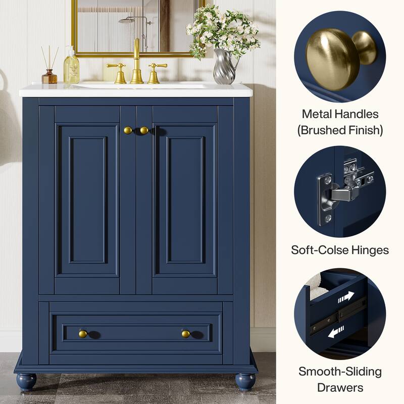 24 Inches Solid Wood Modern Bathroom Vanity with Ceramic Sink, Adjustable Shelf Storage