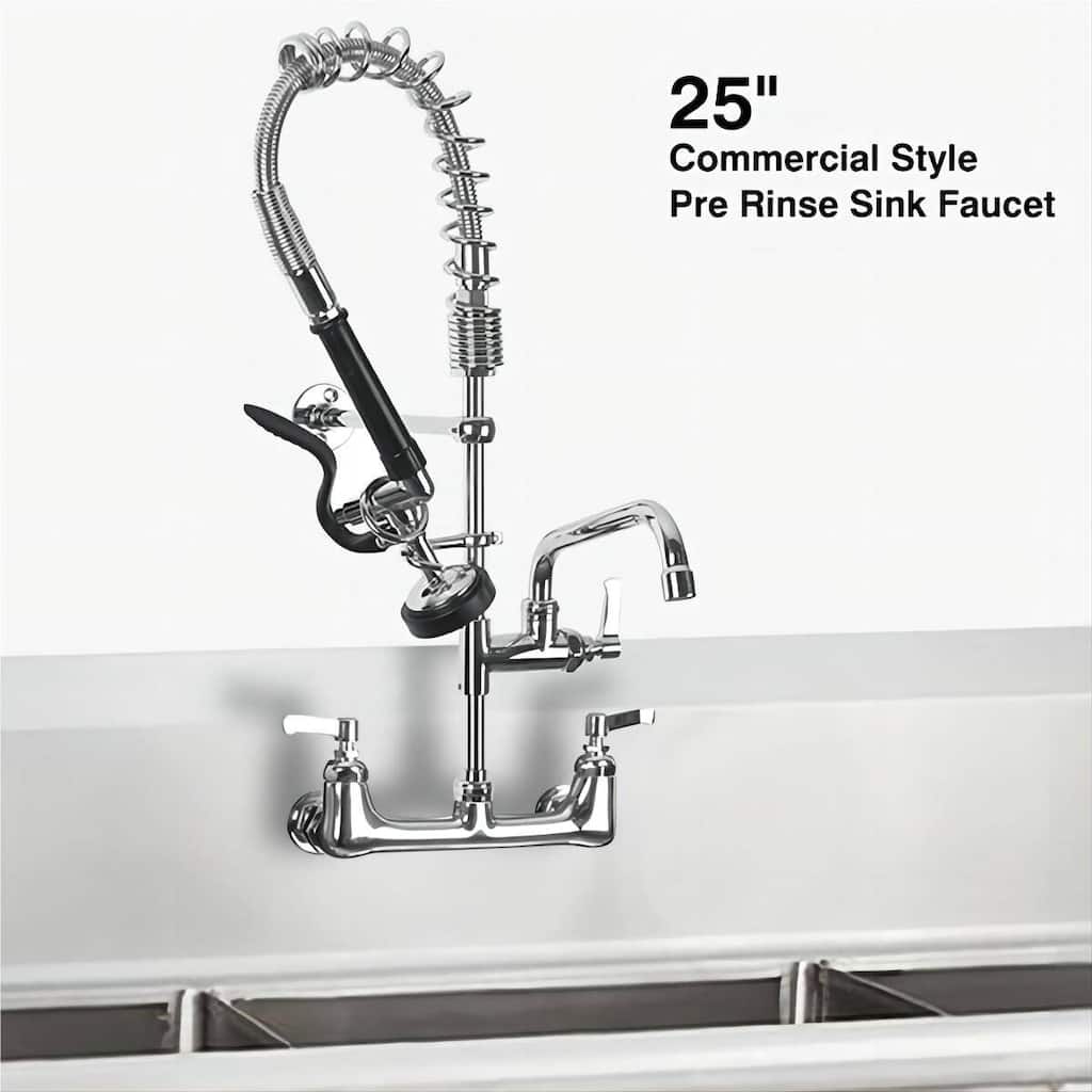 Commercial Wall Mount Kitchen Faucets Pre-Rinse Sprayer, 12 In Swivel Spout