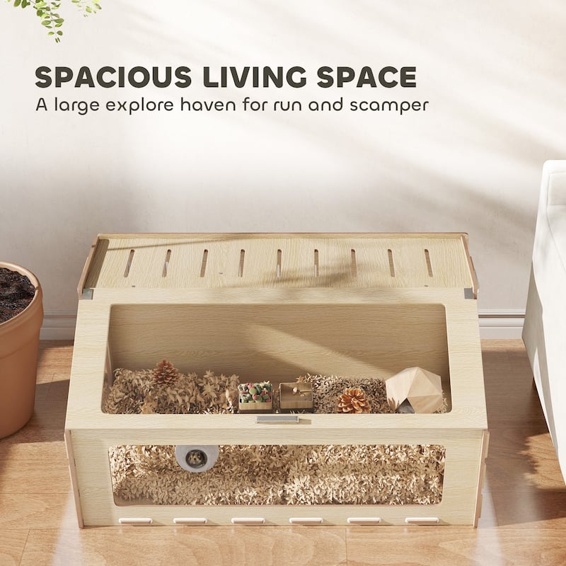 Oak Hamster Habitat with Clear Acrylic Panels and Inclined Top Opening Side Handles for Transport - 39.4" L x 22.8" W x 20.1" H
