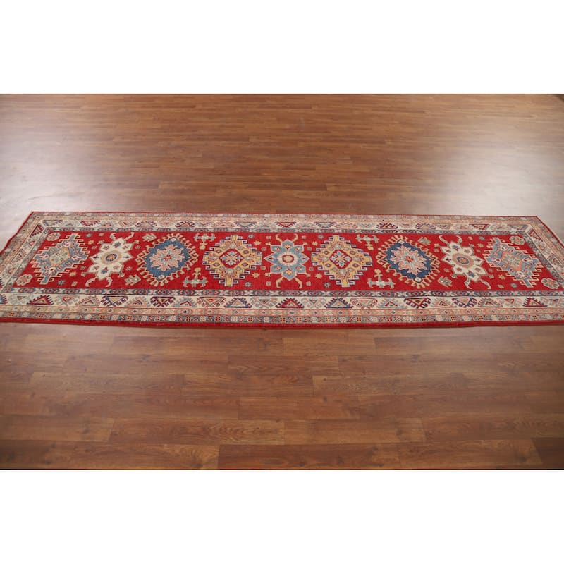Geometric Red Kazak Oriental Runner Rug Hand-Knotted Wool Carpet - 2'7" x 9'4"
