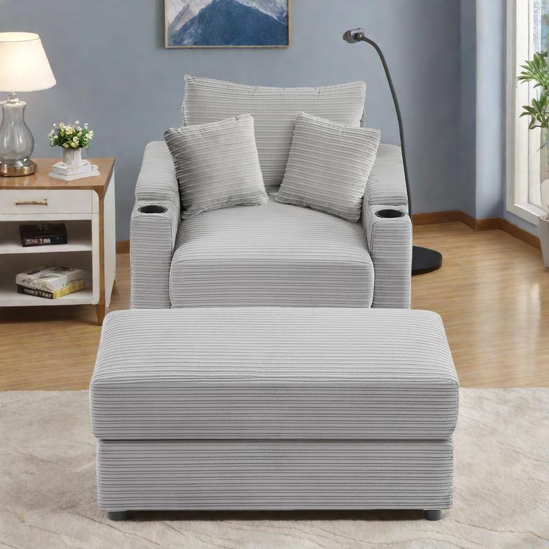 Corduroy armchair with footrest, USB charging and storage space, 250 lbs weight capacity - Grey