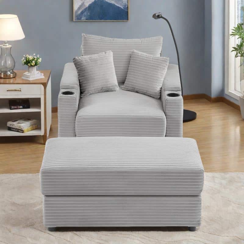 Corduroy armchair with footrest, USB charging and storage space, 250 lbs weight capacity