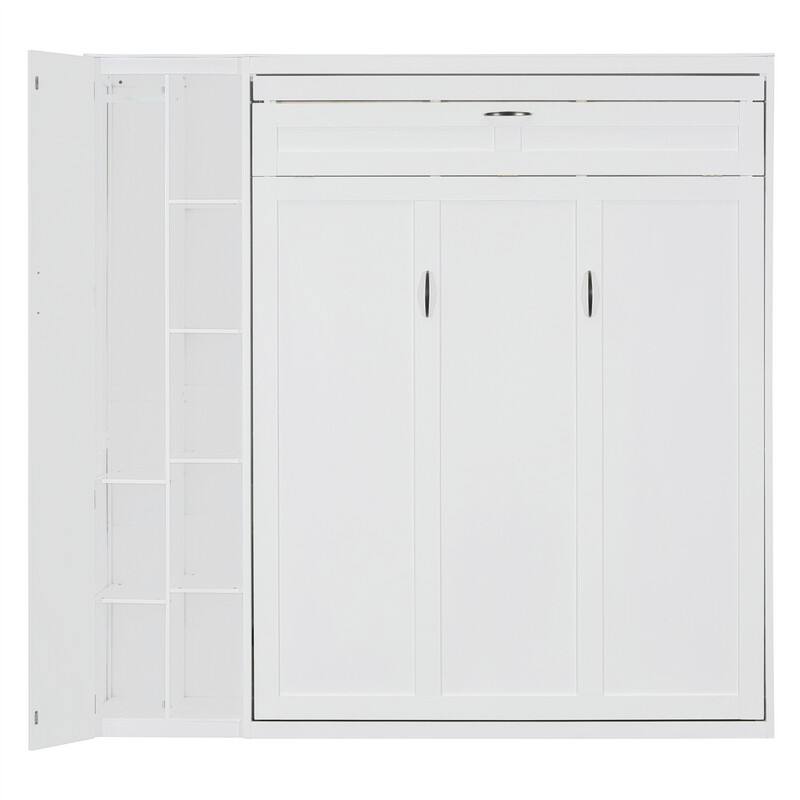 Full/Queen Size Murphy Bed Wall Bed with LED Lights and Storage Cabinet, Foldable Murphy Cabinet Bed with Open Storage Shelves