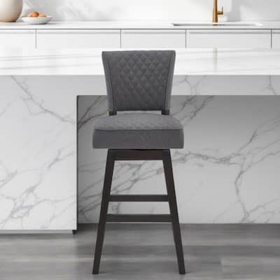 26-Inch Grey Tufted Fabric Swivel Bar Stool with Footrest and Solid Wood Frame Espresso Finish - 41.5”H x 19.5”W x 23.5”D