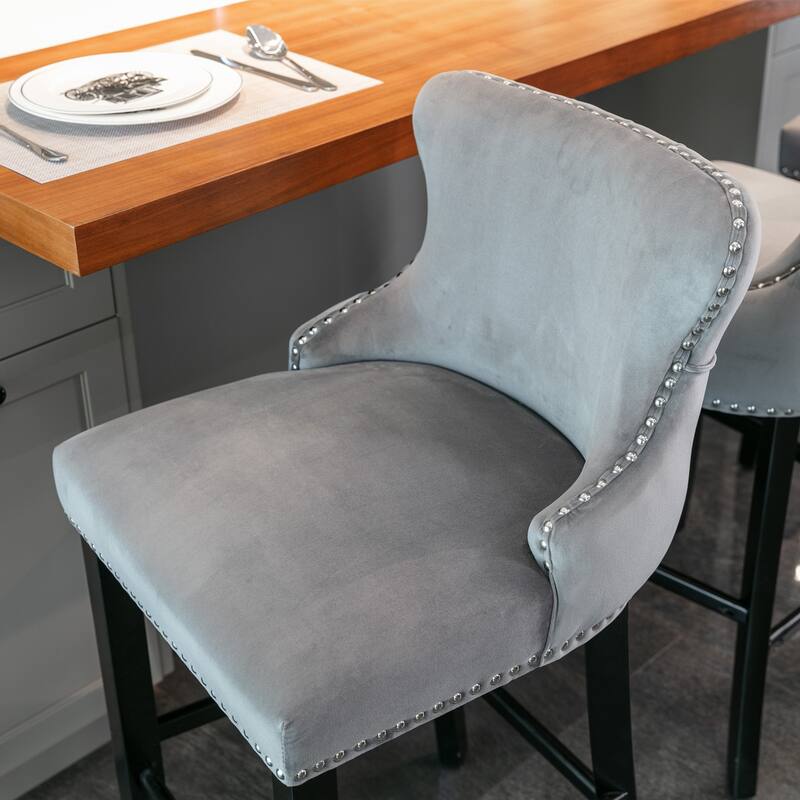 Velvet Wing Back Barstools Set of 4 with Button Tufted and Wooden Legs