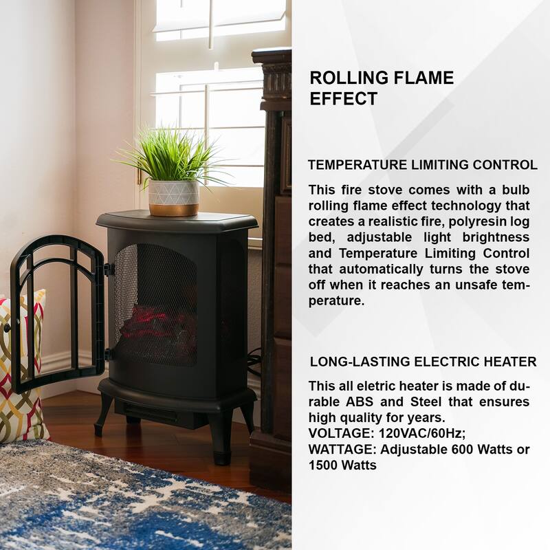 XBrand 24" H Black Free Standing Portable High/Low Heat Wired Fire Stove w/ Manual Control, LED Flame & Temperature Limiting