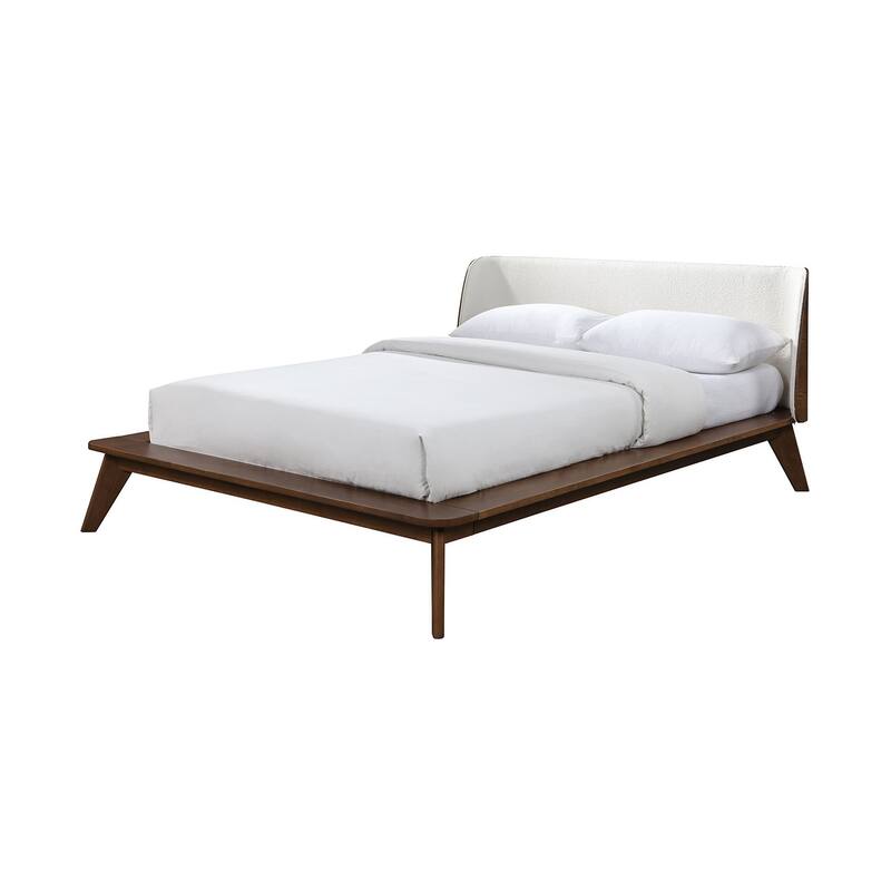 Mid-Century Modern Walnut Beige Full Size Platform Bed with Fabric Winged Edge Headboard