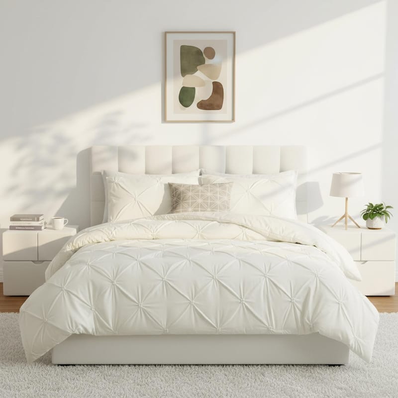 3 Piece Reversible Pintuck Pinch Pleat Bohemia and Tufted Clipped Comforter Set - Full - Queen - Cream
