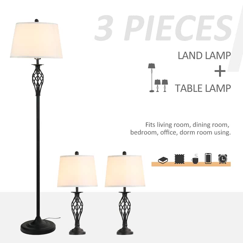 3 Piece Table Floor Lamp Set with Metal Pole, Round Base, and Fabric Lampshade, for Living Room - White