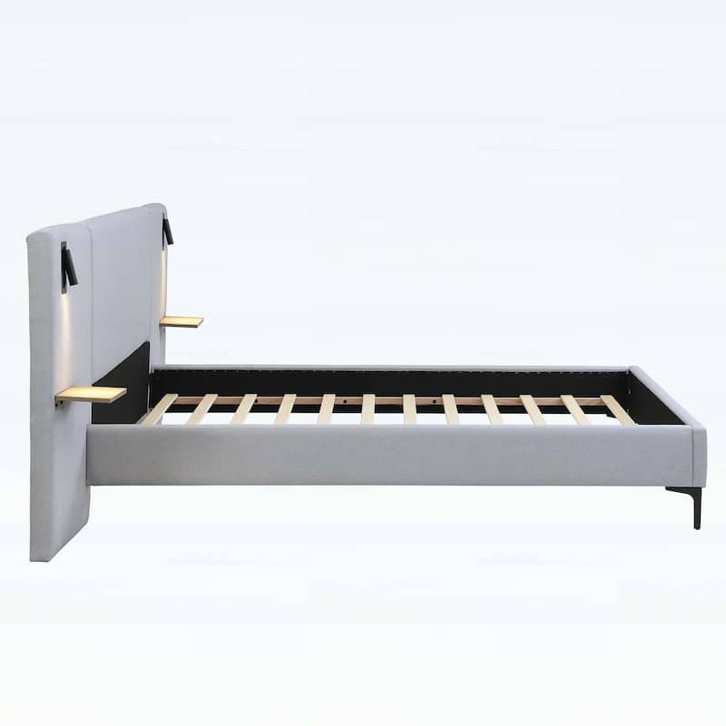 Modern Upholstered Bed with Integrated Lights and Shelves