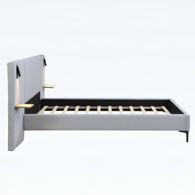 Stylish Design Linen Upholstered Bed with Integrated Lights and Shelves,for Modern and Rustic Interiors