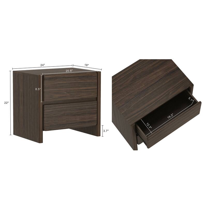 Walnut Brown Nightstand with 2 Drawers, Minimalist Design for Bedroom