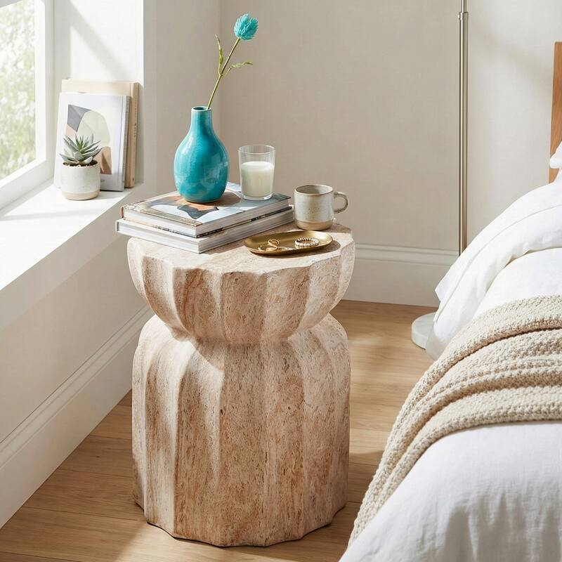 Christopher Knight Home - Modern Outdoor Lightweight Concrete Accent Side Table with Fluted Sculptural Hourglass Design