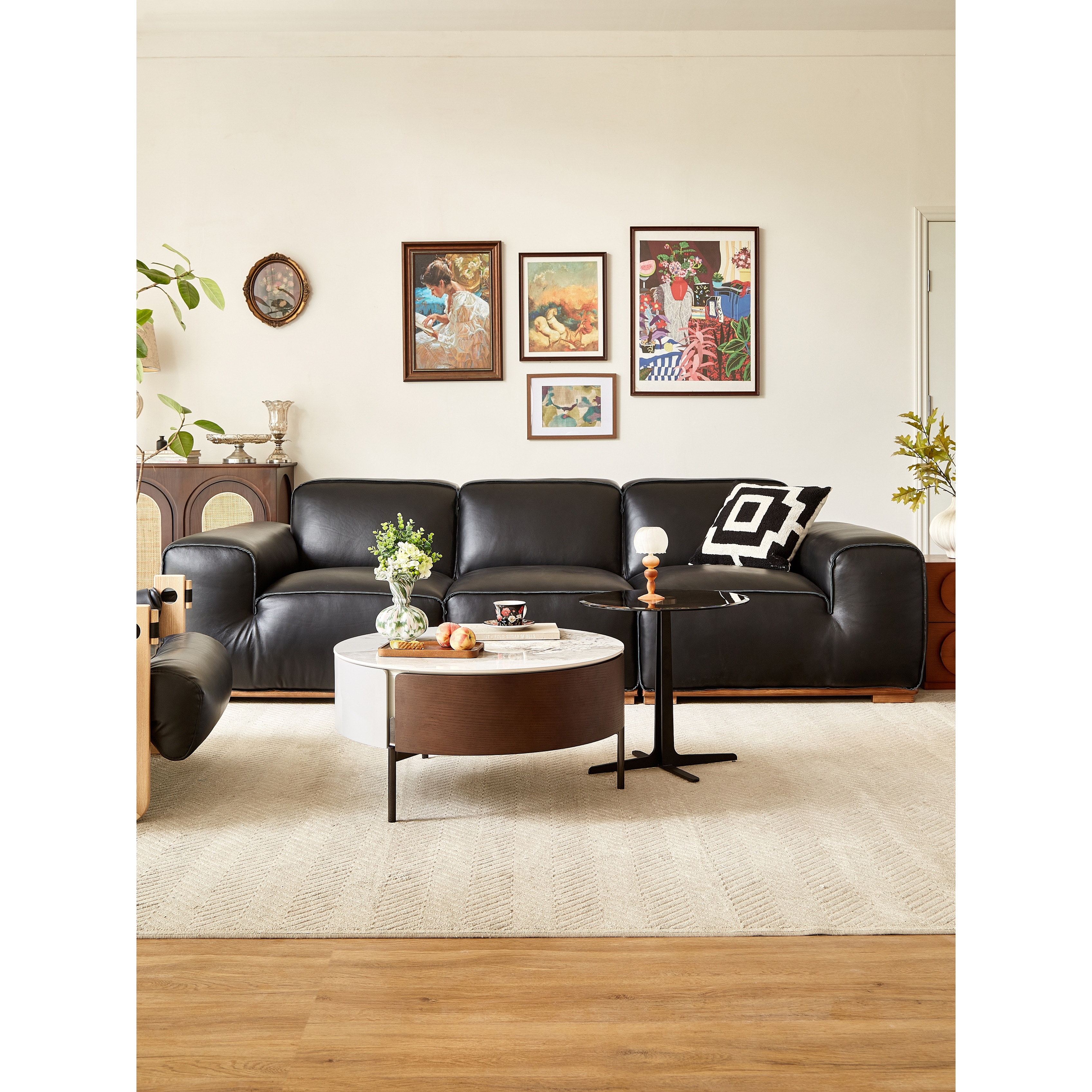 Round & reall Coffee Table with Drawers and metal legs,Table with Golden Legs Circular Center Table with ceramic Pattern Top